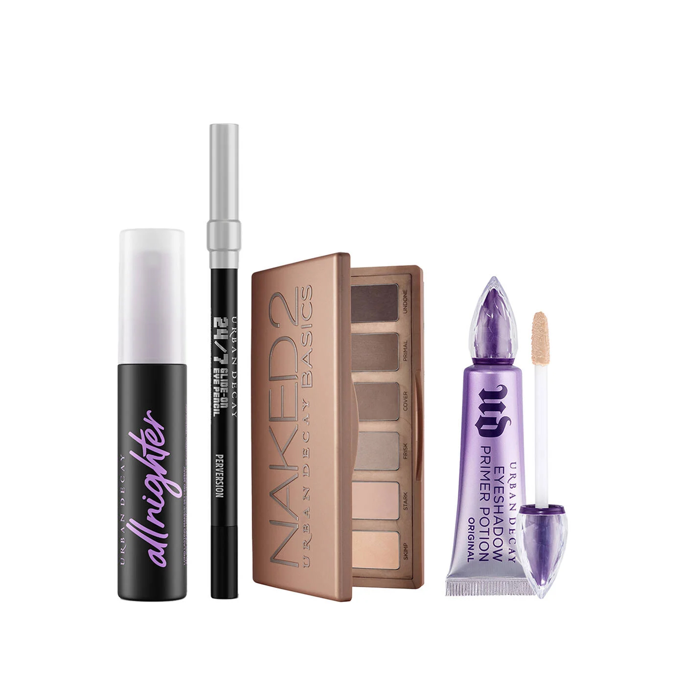 Urban Decay makeup set featuring All Nighter setting spray, 24/7 Glide-On Eye Pencil, Naked2 Basics eyeshadow palette, and Eyeshadow Primer Potion.