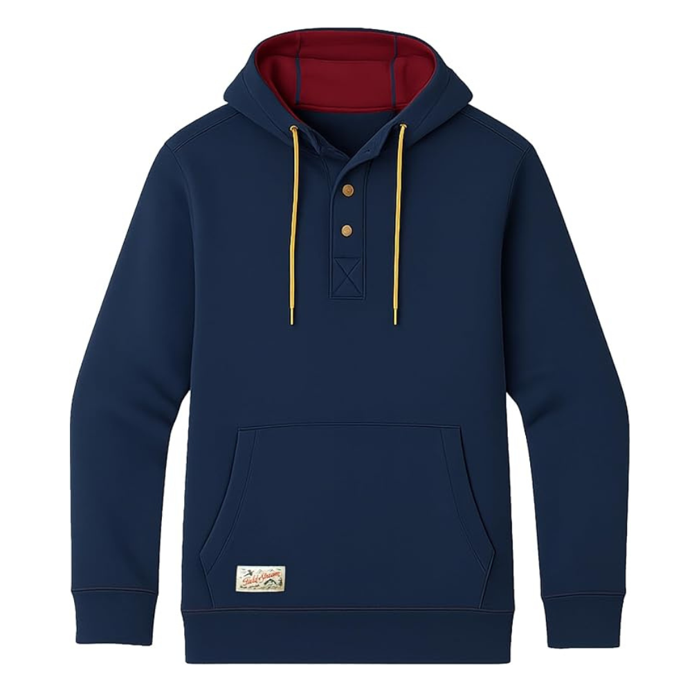 A navy blue hoodie with a red-lined hood, yellow drawstrings, a buttoned placket, and a front pocket featuring a small patch.