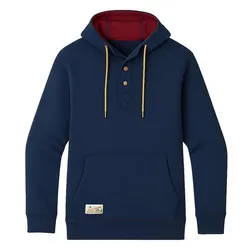 A navy blue hoodie with a red-lined hood, yellow drawstrings, a buttoned placket, and a front pocket featuring a small patch.