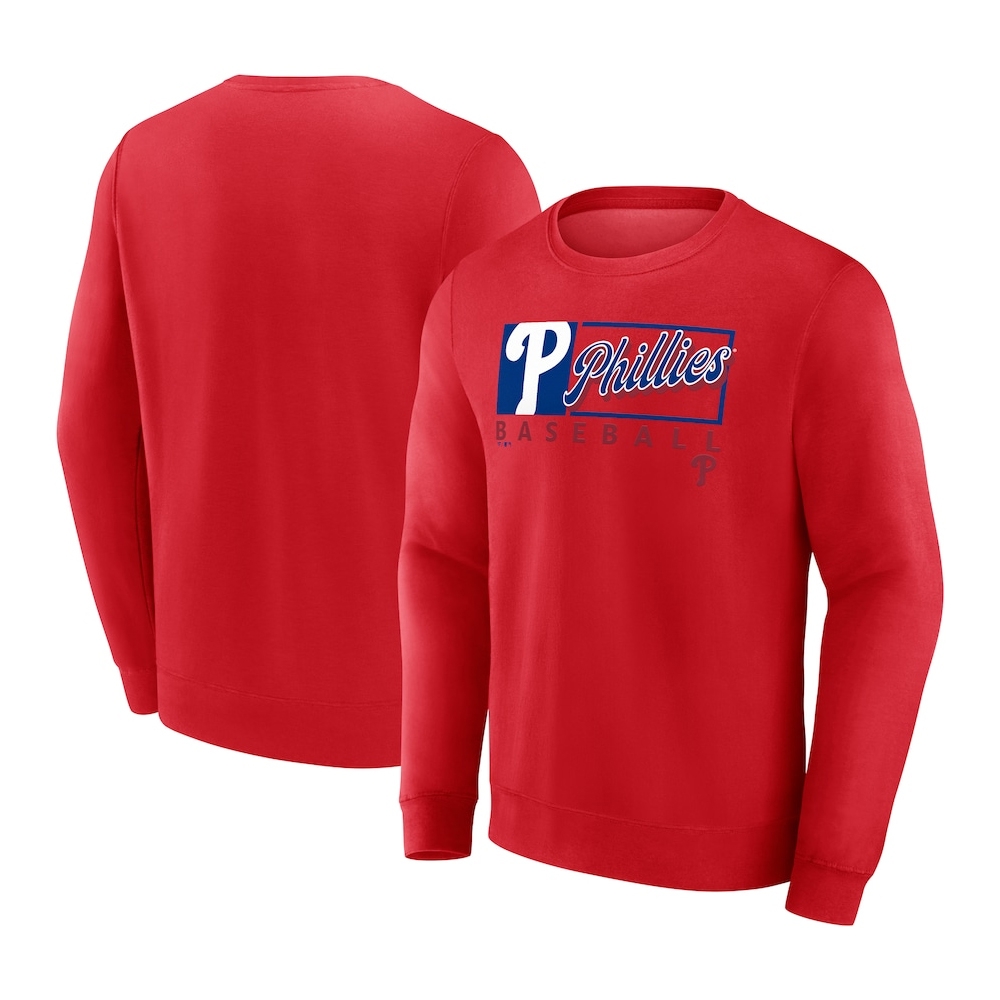 Red crewneck fleece with \“Phillies Baseball\“ text and logo in blue and white on the front, featuring long sleeves and a relaxed fit.