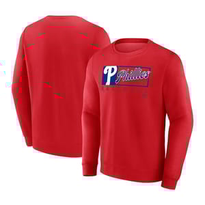 Red crewneck fleece with \“Phillies Baseball\“ text and logo in blue and white on the front, featuring long sleeves and a relaxed fit.