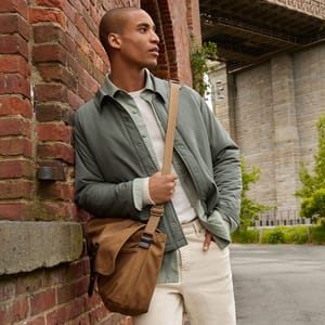 A person leans against a brick wall wearing a green jacket, layered over a light sweater and light pants, carrying a brown messenger bag.