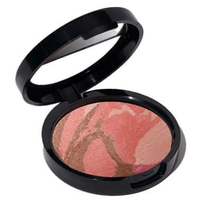 A compact of marbled blush makeup in shades of pink, peach, and brown, with a black case and open lid.
