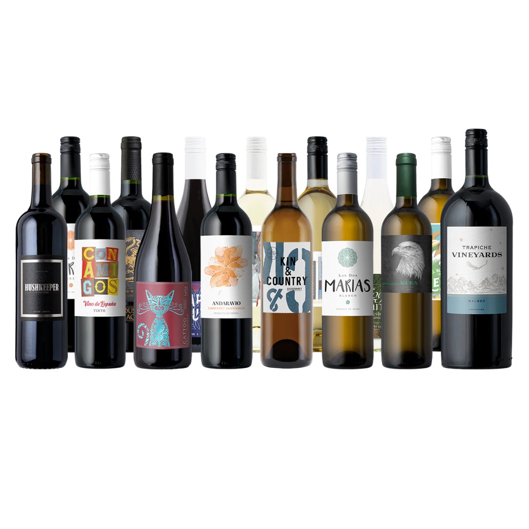 A selection of assorted wine bottles, featuring a mix of red and white varieties with diverse and colorful labels.