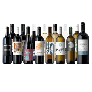 A selection of assorted wine bottles, featuring a mix of red and white varieties with diverse and colorful labels.