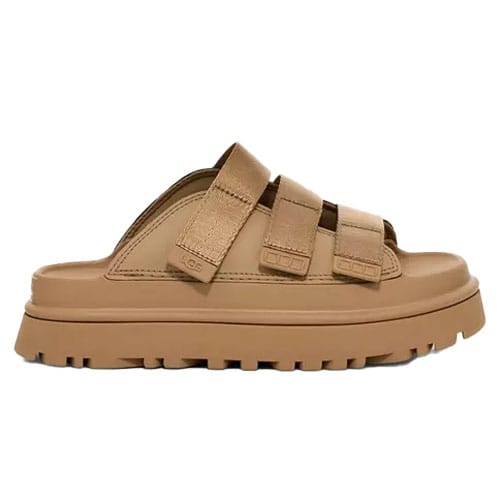 Tan leather slide sandal with three adjustable straps and a chunky, rugged sole.