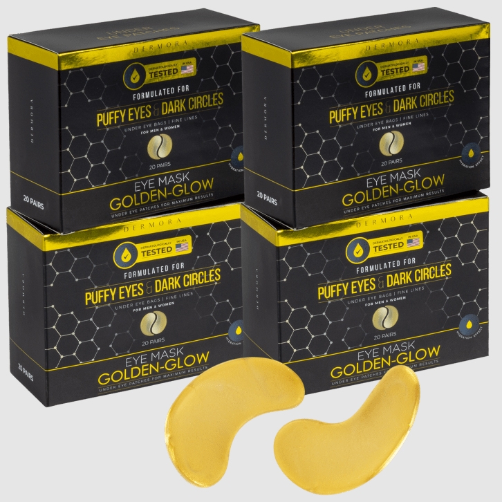 Boxes of Dermora Golden Glow eye masks advertised for reducing puffy eyes and dark circles, with one pair of gold-colored under-eye patches shown in front.