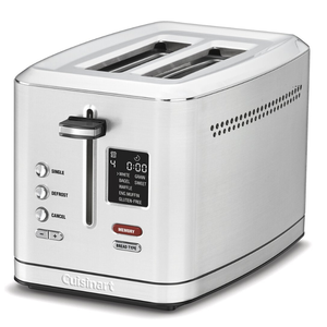 A Cuisinart stainless steel toaster with two slots, offering options for different bread types like bagels and waffles, and features including defrost, cancel, single slice, and memory functions.