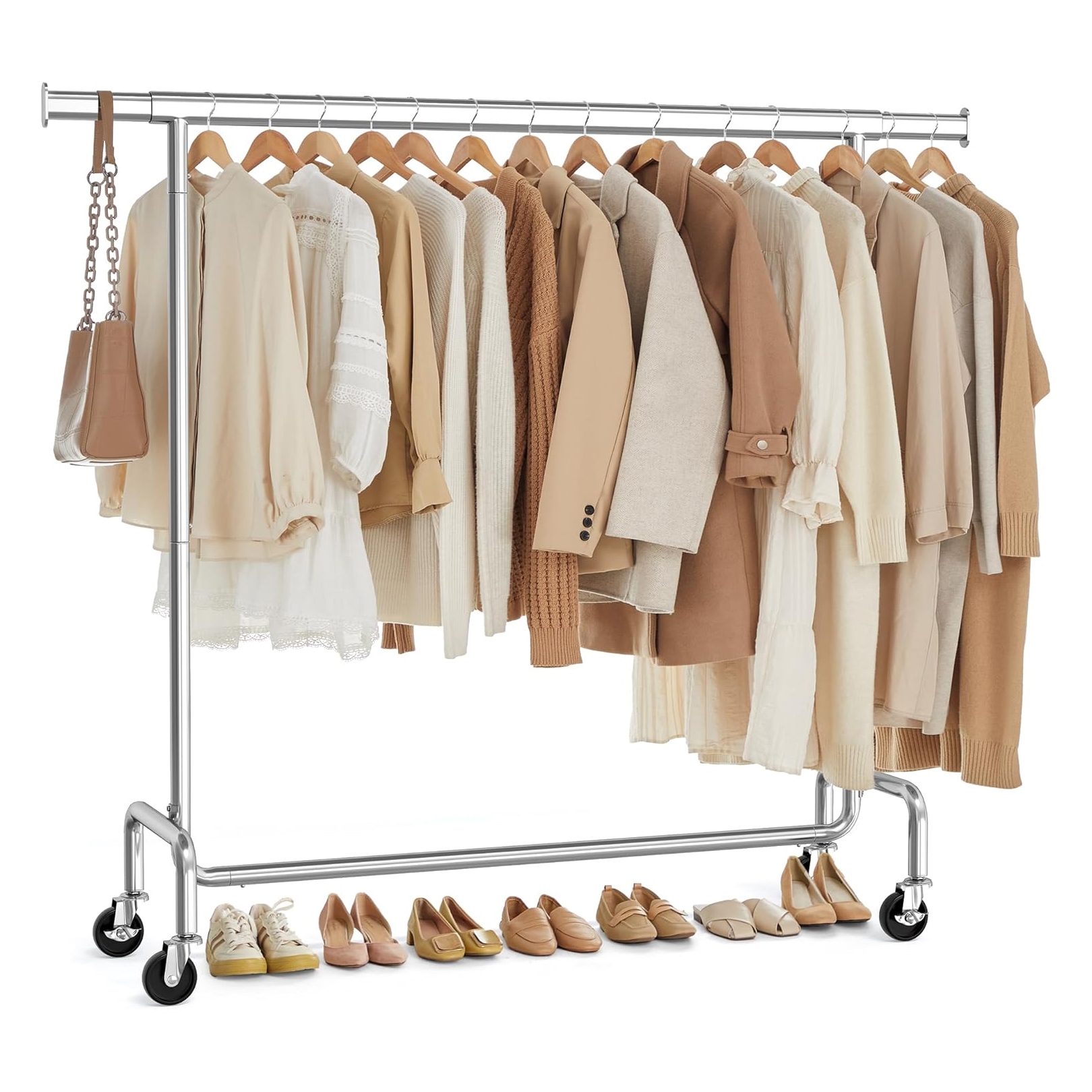 A clothing rack displays neutral-toned garments including blouses, jackets, and sweaters, accompanied by a small handbag. Various shoes are lined up beneath, featuring flats, loafers, and sneakers in matching neutral shades.