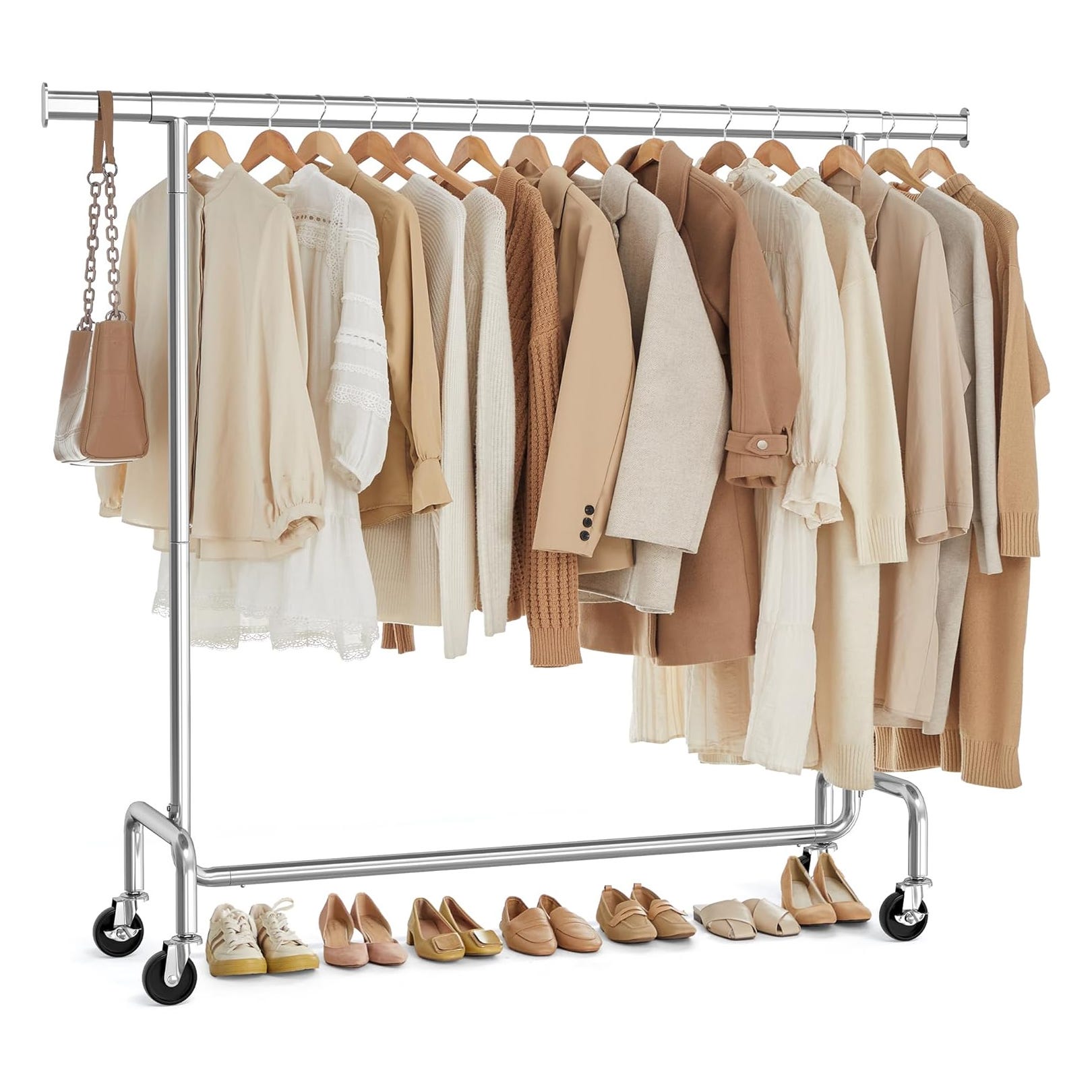 A clothing rack displays neutral-toned garments including blouses, jackets, and sweaters, accompanied by a small handbag. Various shoes are lined up beneath, featuring flats, loafers, and sneakers in matching neutral shades.