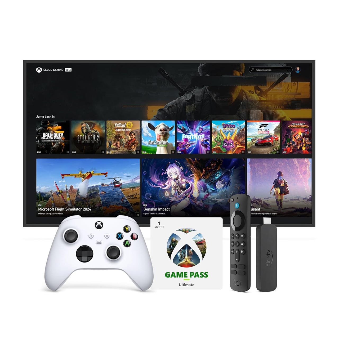 Xbox controller, Game Pass Ultimate card, Fire TV Stick, and TV displaying various games like Call of Duty, Fortnite, and Microsoft Flight Simulator 2024.