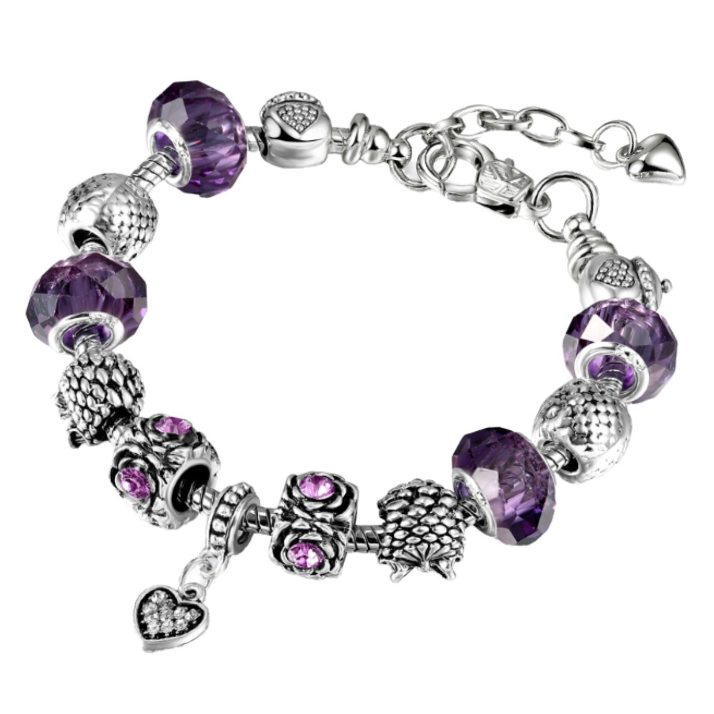 Silver bracelet featuring purple crystal beads, intricate owl and textured spherical charms, along with a dangling heart charm embellished with clear stones.