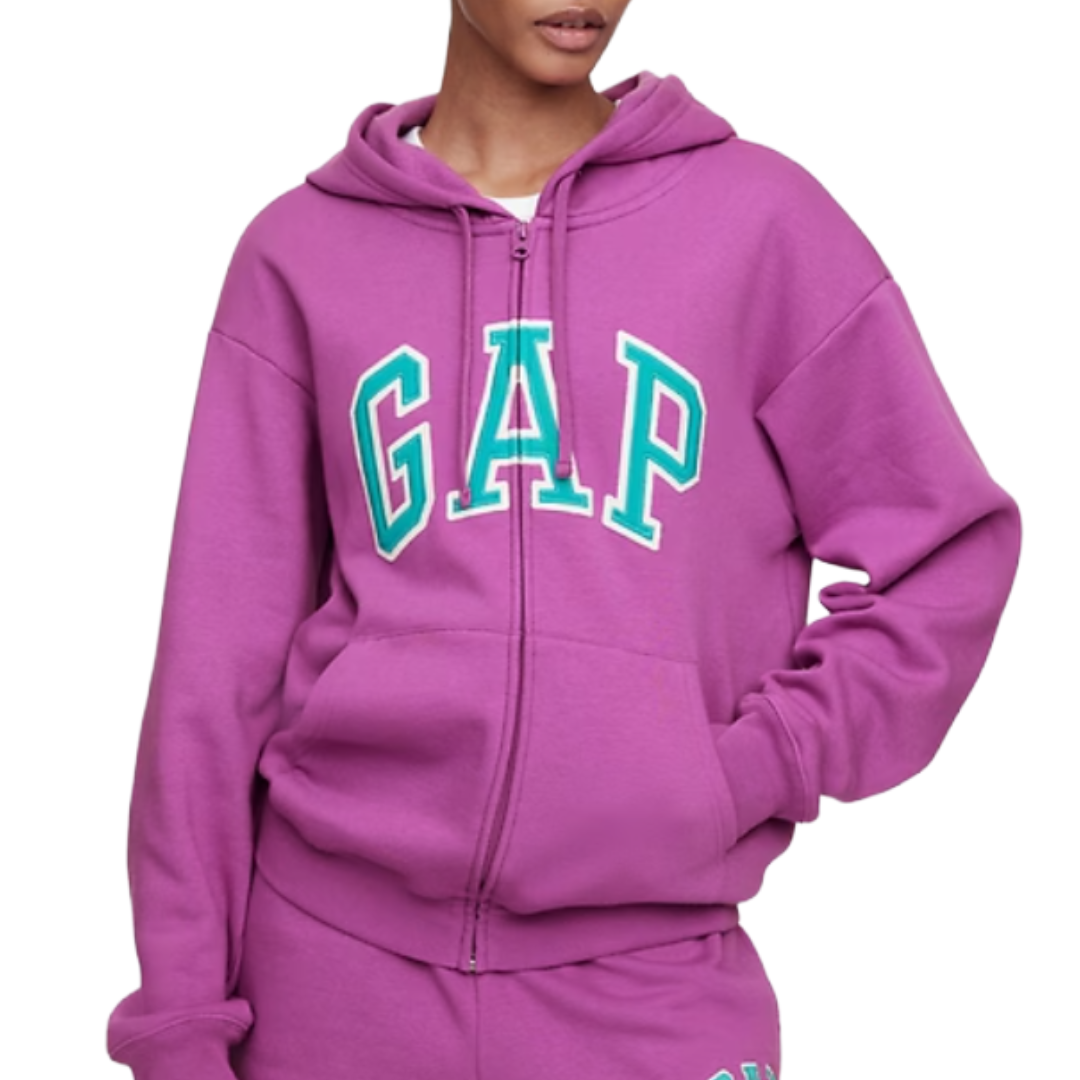 Purple GAP hoodie with front zipper, teal and white outlined logo, and matching pants.