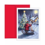 A holiday card featuring a winter scene with a child and dog on a sled, viewing a decorated Christmas tree, snowy landscape, and cozy house. Includes a red envelope.