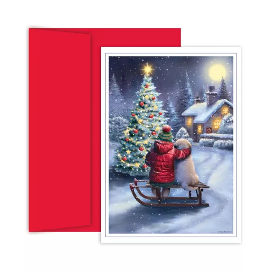 A holiday card featuring a winter scene with a child and dog on a sled, viewing a decorated Christmas tree, snowy landscape, and cozy house. Includes a red envelope.