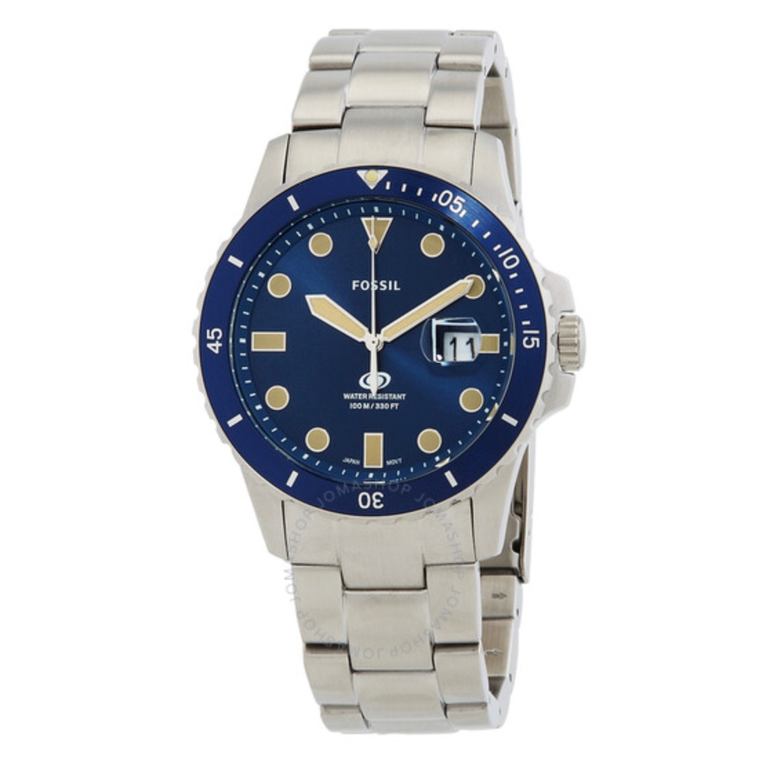 A stainless steel Fossil wristwatch with a blue face, luminescent hands, and a date display.