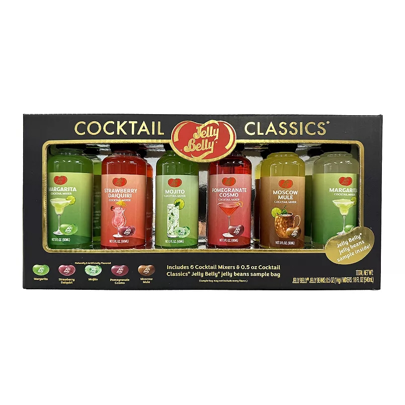Jelly Belly Cocktail Mixers Gift Set includes six 8-ounce cocktail mixers: Margarita, Strawberry Daiquiri, Mojito, Pomegranate Cosmo, Moscow Mule, and Margarita, along with a Jelly Belly jelly beans sample.