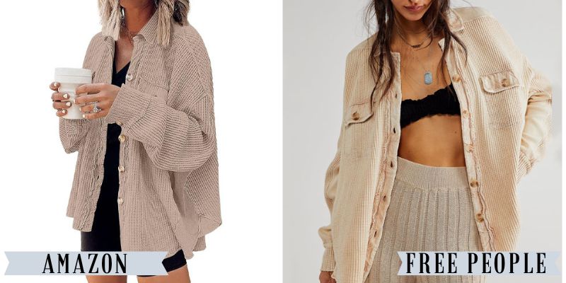 A tan oversized waffle knit shacket from Amazon besides a similar tan oversized waffle knit shacket from Free People.