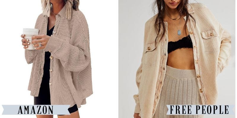 A tan oversized waffle knit shacket from Amazon besides a similar tan oversized waffle knit shacket from Free People.