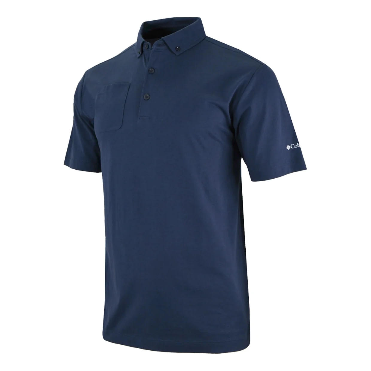 A navy blue, short-sleeve polo shirt with a button-up collar and a small chest pocket, featuring a logo on the sleeve.