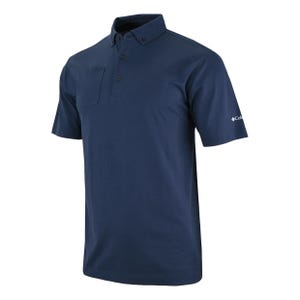 A navy blue, short-sleeve polo shirt with a button-up collar and a small chest pocket, featuring a logo on the sleeve.