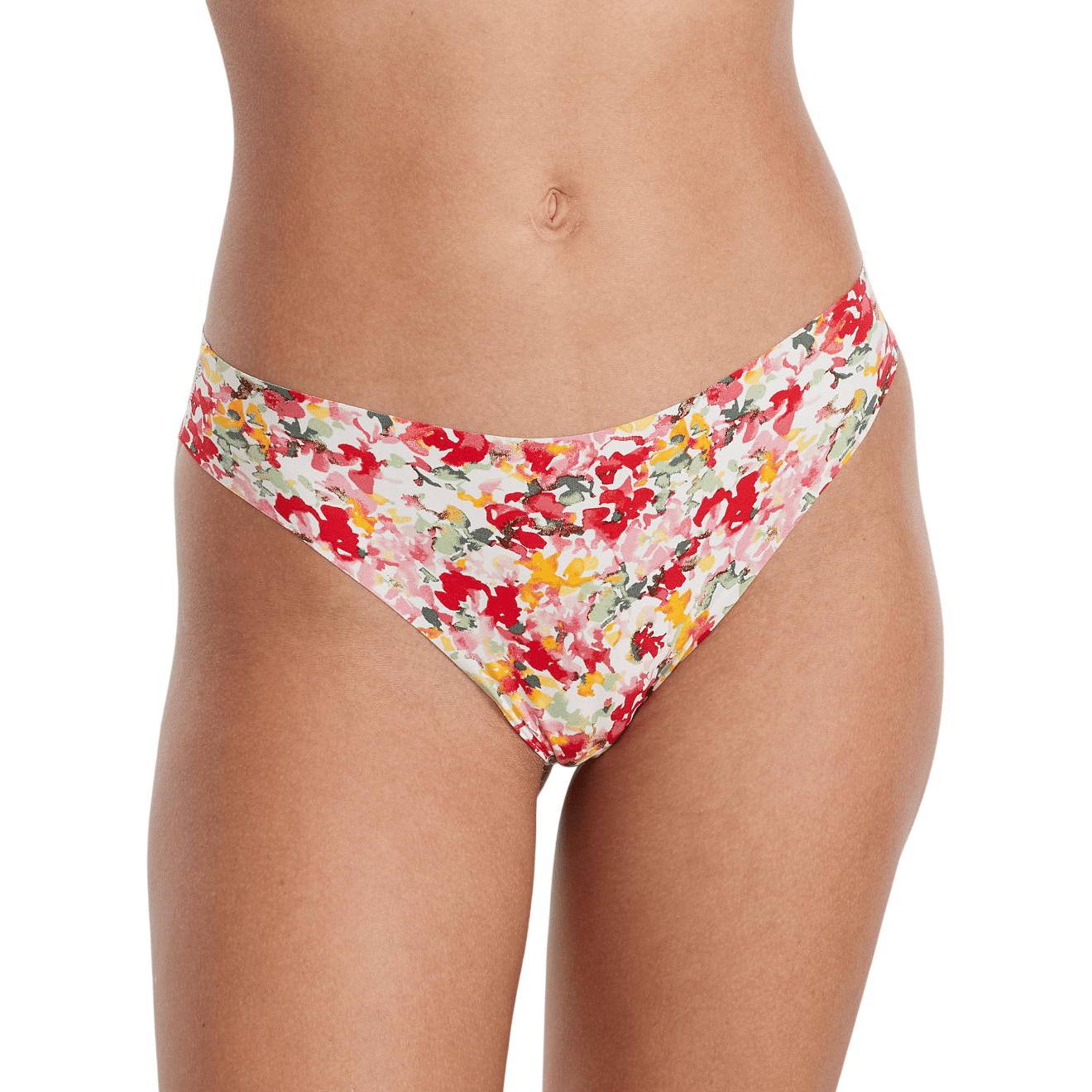 Floral-patterned bikini bottom with red, yellow, and green colors on a white background.