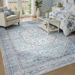 A living room scene with a decorative blue and white area rug, a beige armchair, a coffee table with decorative items, and a bed with floral bedding in a light-filled room.