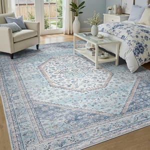 A living room scene with a decorative blue and white area rug, a beige armchair, a coffee table with decorative items, and a bed with floral bedding in a light-filled room.