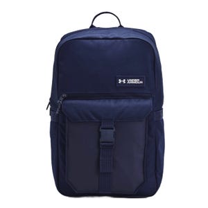 A navy blue Under Armour backpack with a front zippered compartment and buckle closure.