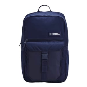 A navy blue Under Armour backpack with a front zippered compartment and buckle closure.