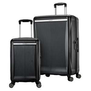 Samsonite 2pc Luggage Set includes a black, hard-shell exterior with ribbed texture, featuring retractable handles and four wheels for easy maneuverability.