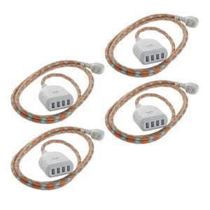 4-pack of 4-port USB extension cords with a vibrant orange and blue braided design, featuring white plugs and connectors.