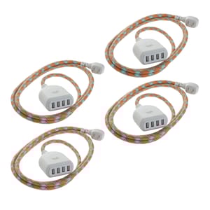 4-pack of 4-port USB extension cords with a vibrant orange and blue braided design, featuring white plugs and connectors.