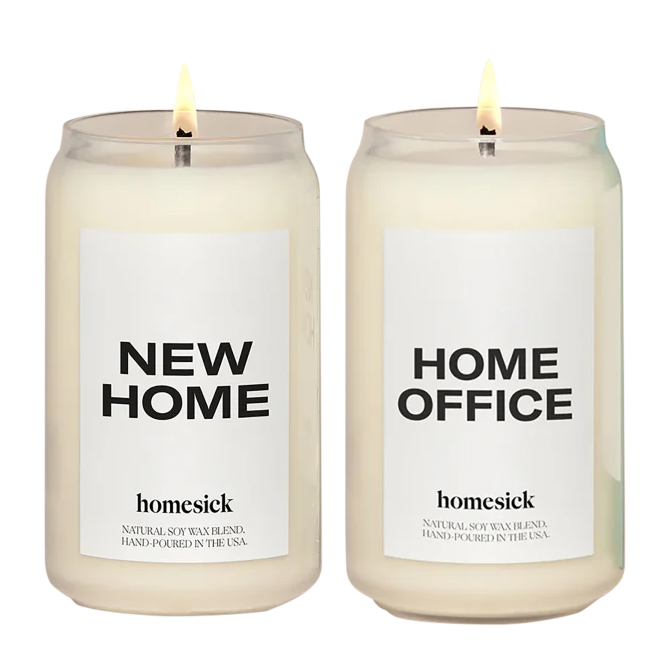 Two Homesick soy wax candles labeled \“New Home\“ and \“Home Office,\“ featuring natural soy wax blends hand-poured in the USA.