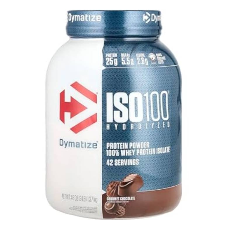 Dymatize ISO100 Hydrolyzed Protein Powder, 100% Whey Protein Isolate, Gourmet Chocolate flavor, 42 servings, with 25g protein, 5.5g BCAAs, and 2.6g Leucine per serving.