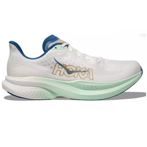 Hoka Mach 6 Running Shoes feature a sleek white and blue design with a prominent logo, lightweight mesh upper, and cushioned midsole, ideal for performance running.