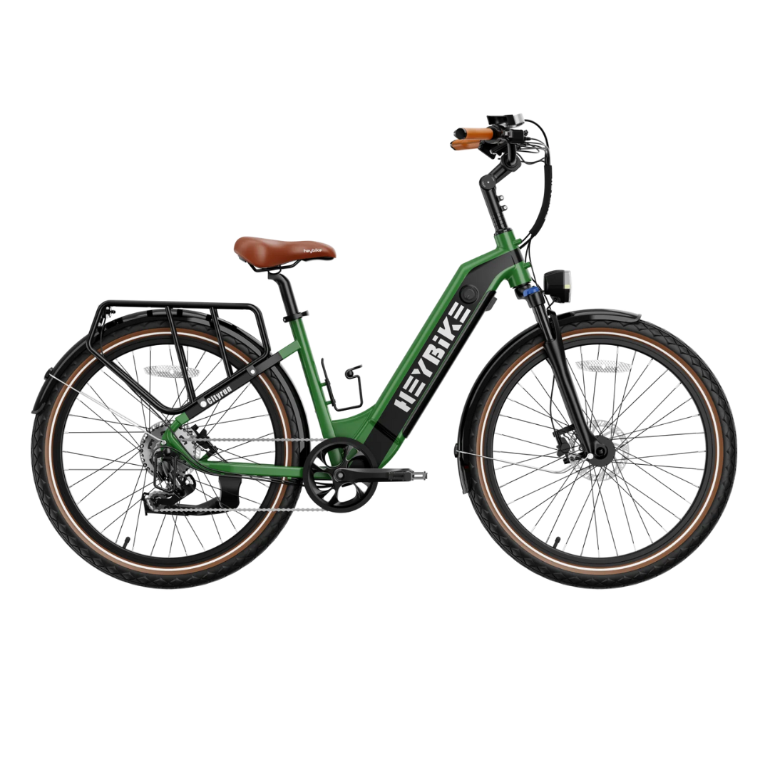 Green electric bike with step-through frame, leather saddle, and handle grips; equipped with rear cargo rack, front and rear lights, and fenders.