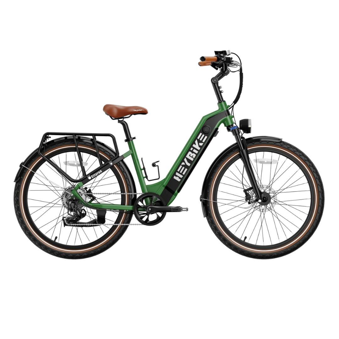 Green electric bike with step-through frame, leather saddle, and handle grips; equipped with rear cargo rack, front and rear lights, and fenders.