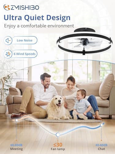 Ceiling fan by ZMISHIBO features an ultra-quiet design with low noise and six wind speeds, providing a comfortable environment with noise levels under 30 dB.