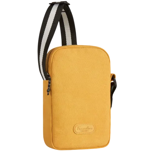 Yellow crossbody sling bag with a logo patch, featuring a black and white adjustable strap.
