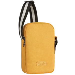 Yellow crossbody sling bag with a logo patch, featuring a black and white adjustable strap.