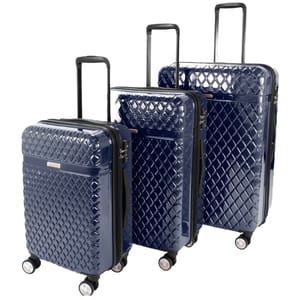 Three blue, hardside suitcases with a diamond texture design, featuring telescoping handles and multi-directional spinner wheels for mobility.