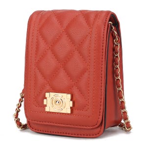 Red quilted leather crossbody bag with a gold-tone chain strap and secure front latch.