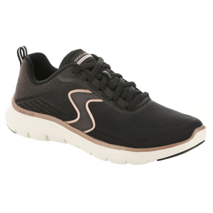 A black Skechers athletic shoe with a white sole and rose gold accents, featuring a cushioned insole and Flex-Lite technology for flexibility.