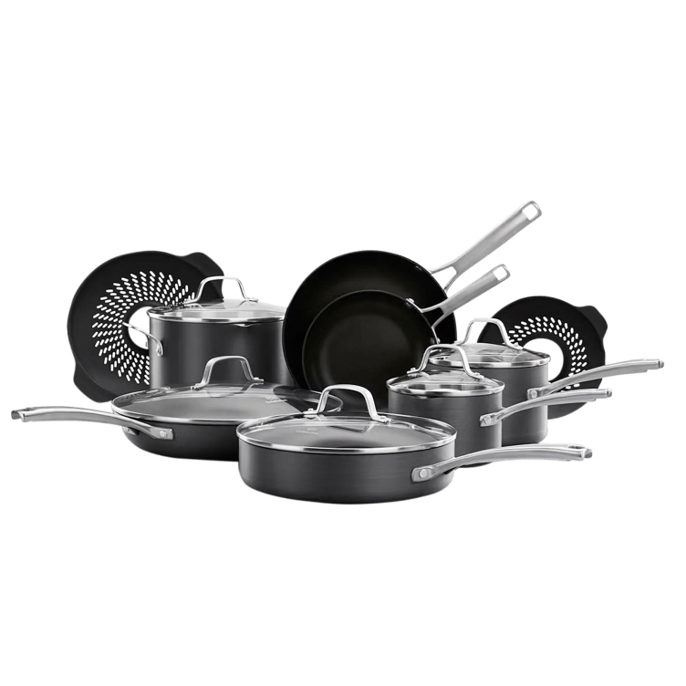 This is a collection of black Calphalon cookware featuring two frying pans, two sauté pans with lids, two saucepans with lids, a stockpot with a lid, and two black pan protectors.