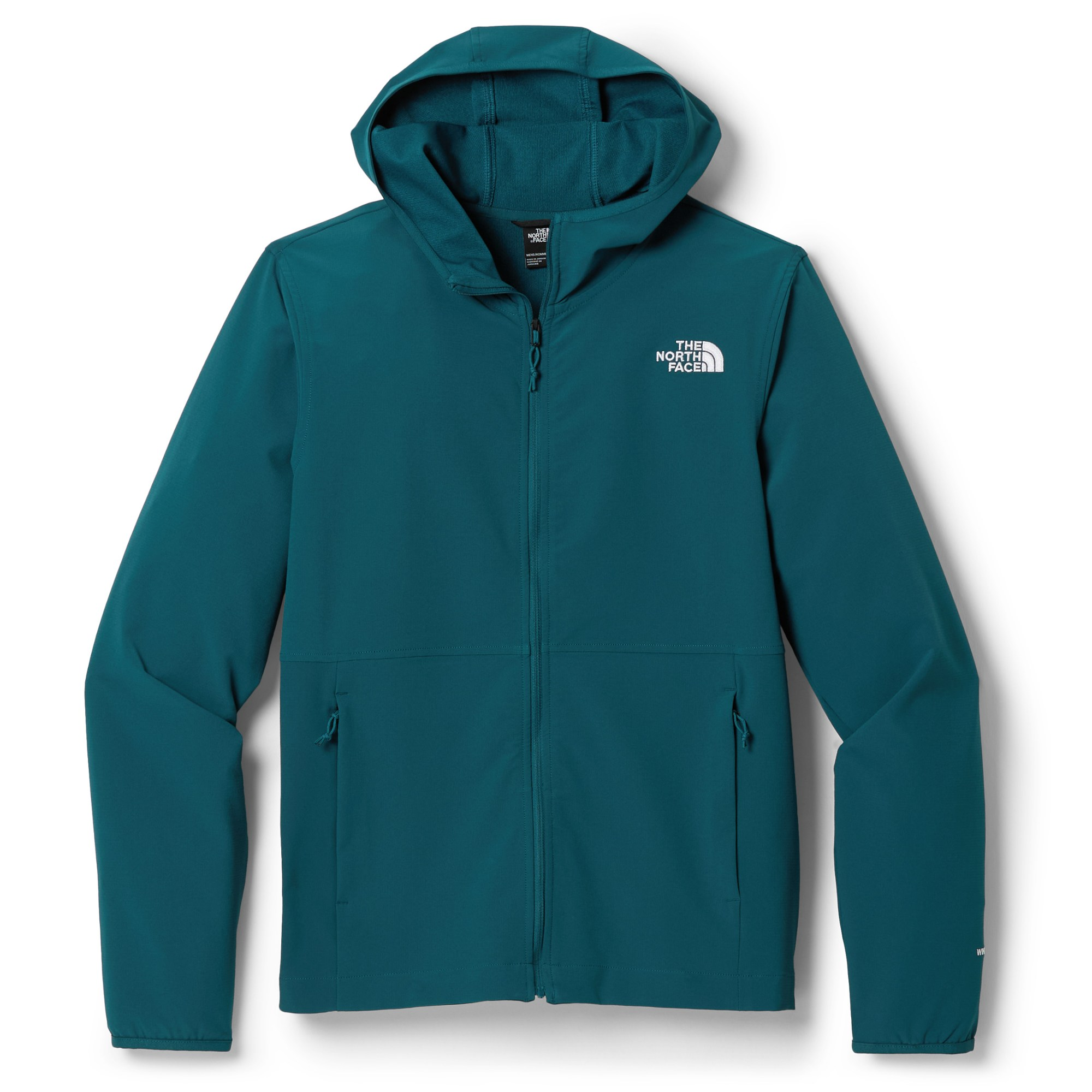 Teal hooded jacket from The North Face featuring a front zipper and two zippered pockets, with a white logo on the chest.