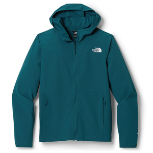 Teal hooded jacket from The North Face featuring a front zipper and two zippered pockets, with a white logo on the chest.