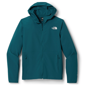 Teal hooded jacket from The North Face featuring a front zipper and two zippered pockets, with a white logo on the chest.