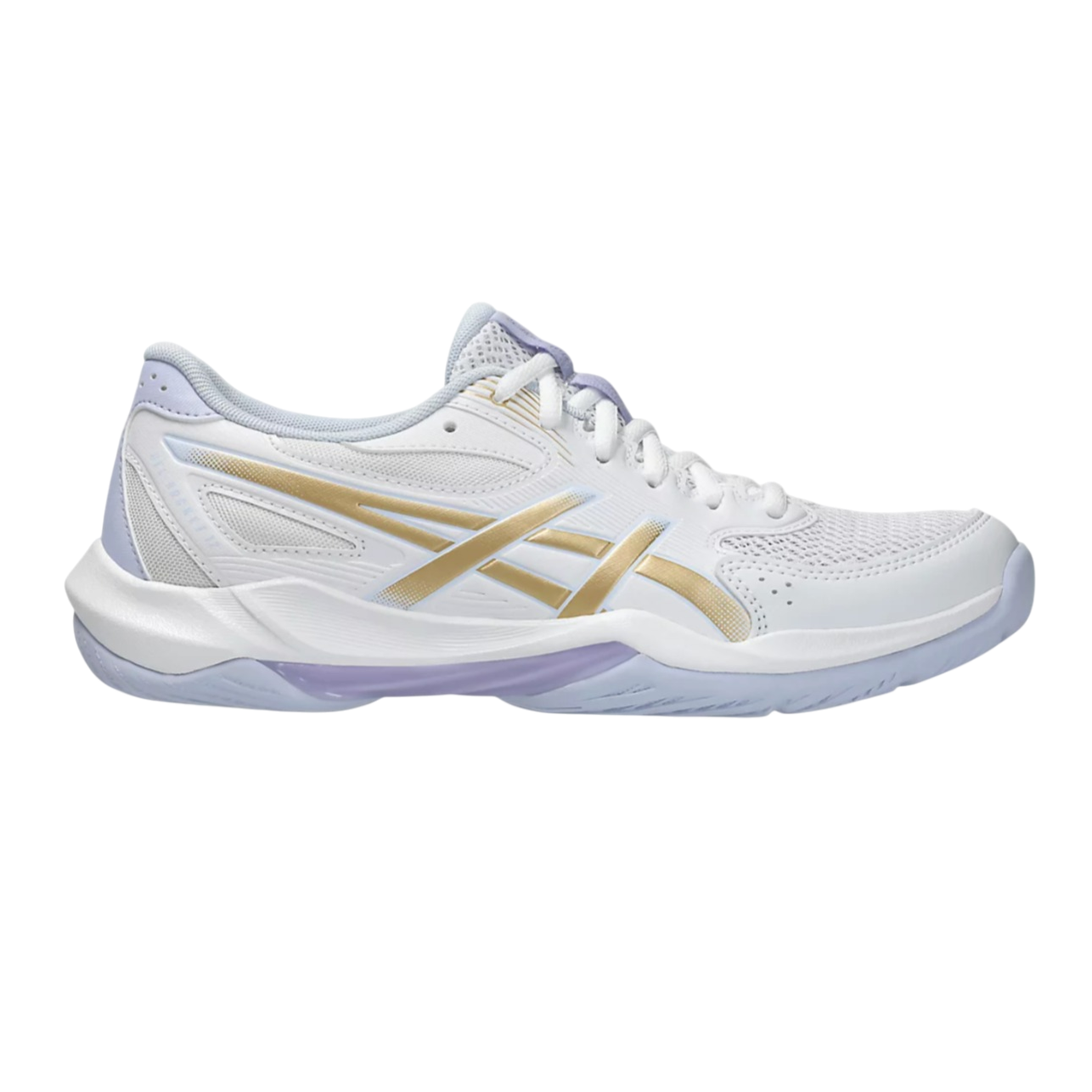 White athletic shoe with gold accents, featuring mesh panels for breathability and a textured pastel purple outsole for traction.
