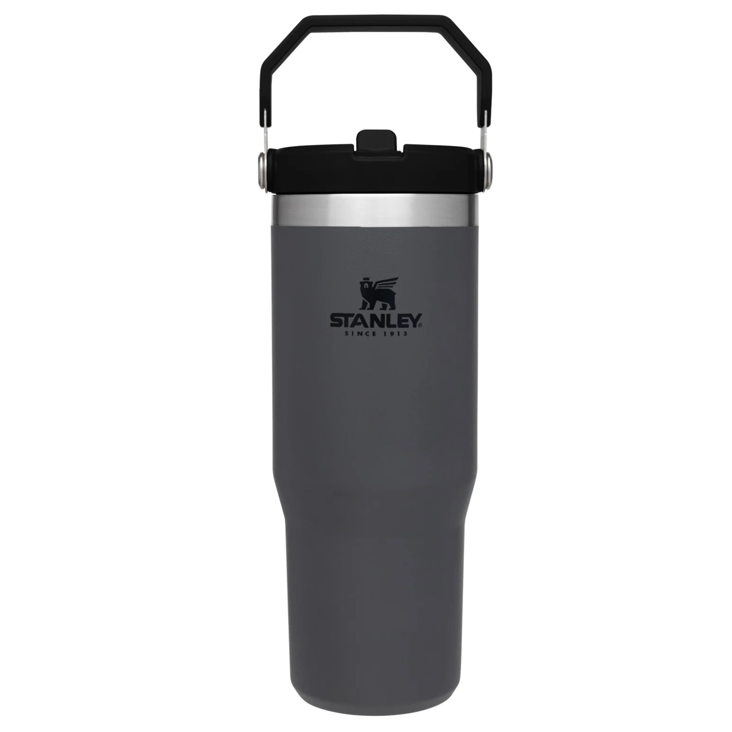 Stanley 30oz IceFlow Flip Tumbler is a durable, gray stainless steel tumbler with a flip-top lid and a carry handle, designed to keep drinks cold for extended periods.